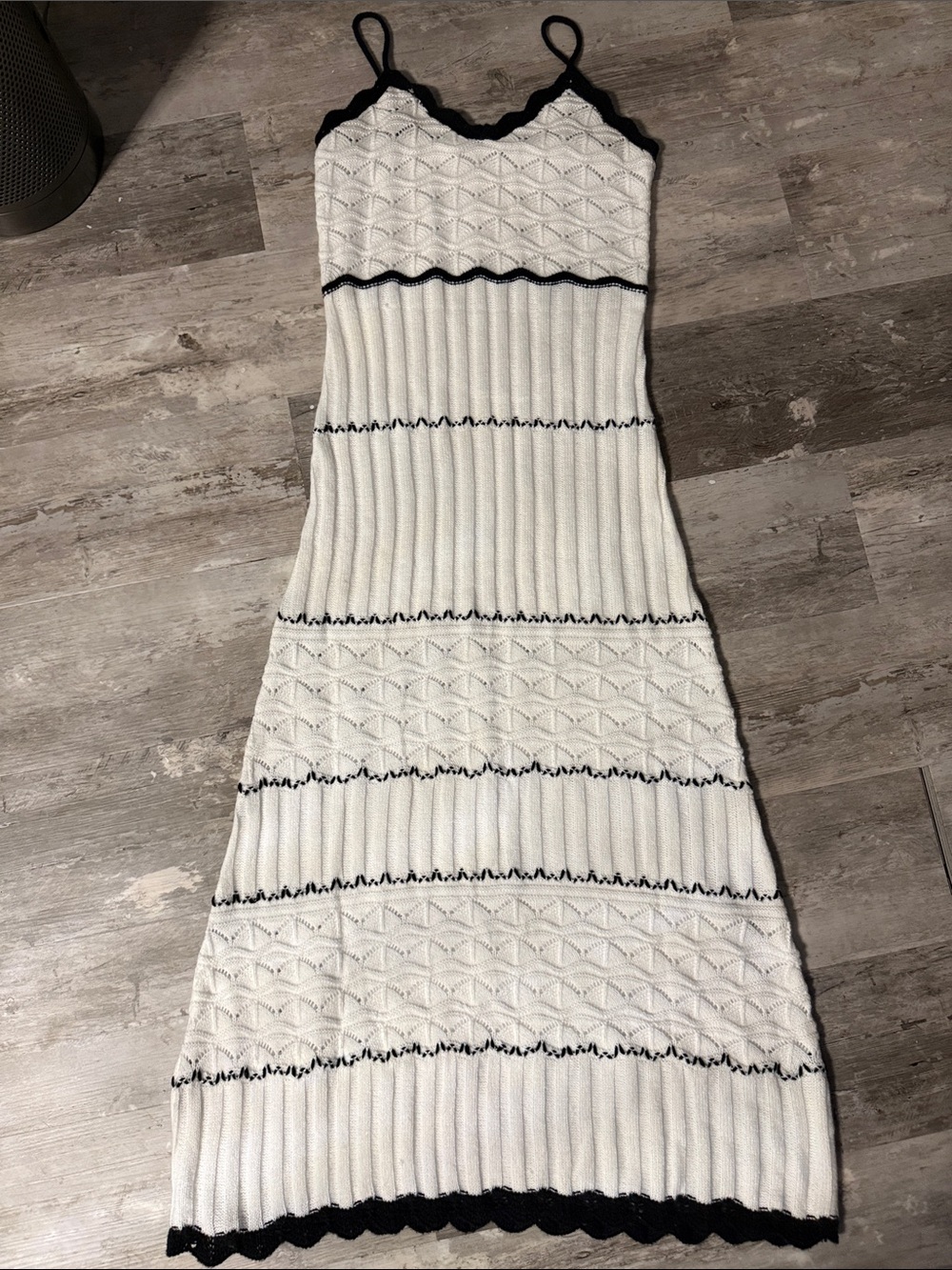 White Knit Strappy Midi Dress with Black Trim